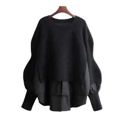 Shirt patchwork pullover sweater for women's autumn and winter vacation two-piece loose knit top, stylish lantern sleeves, versatile sweater