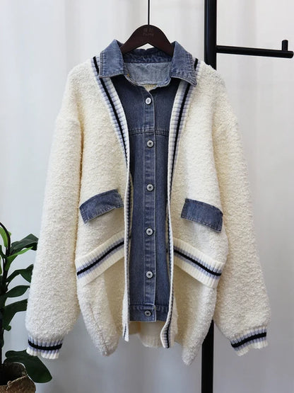 Vintage Denim Patchwork Contrast Cardigan Coat Women Long Sleeve Loose Sweater Jacket Autumn Winter New Tide