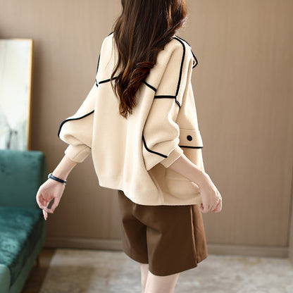 Zipper pocket short woolen coat for women loose long sleeved autumn casual large edition spliced top for women