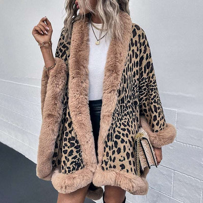 Autumn and Winter Wool Collar Cape Cardigan Leopard Cape Sweater Women