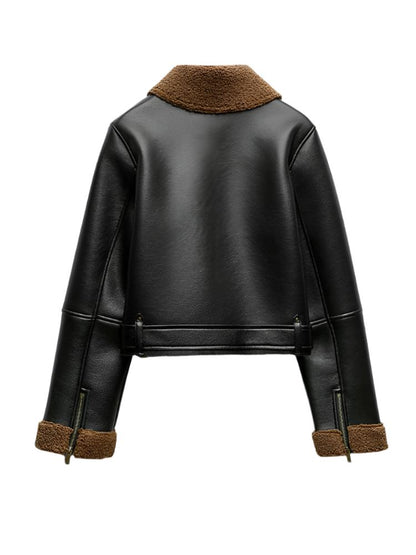 New Autumn Winter Women Streetwear Suede Lambs Moto Biker Short Coat Lady Vintage Fashion Faux Leather Lamb Fur Jacket