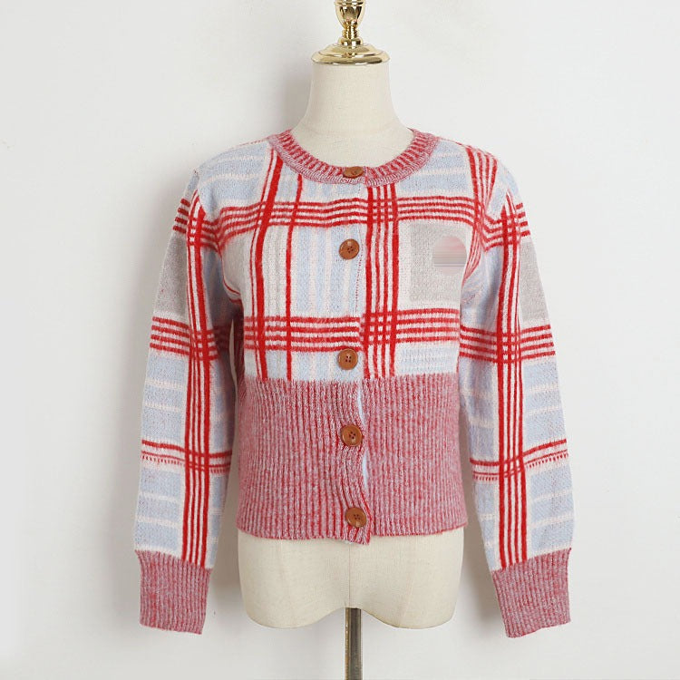 UFO embroidered plaid mohair sweater for women with contrasting round neck knit