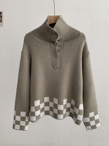 Checkered Loose Sweater For Women Autumn Winter New Turtleneck Button Long Sleeve Elastic Pullovers Knit Top