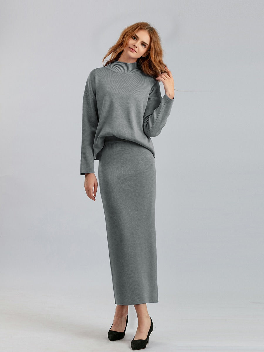 2 Pieces Knit Sets Women Maxi Skirt Tracksuits Winter Warm Turtleneck Sweater + Long Midi Straight Skirt Two Pieces Sets