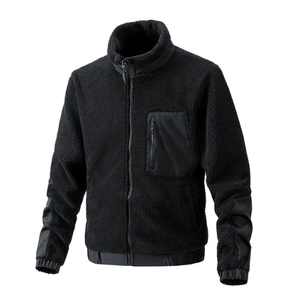 Men's stand up collar jacket with multiple pockets, fleece oversized jacket, zipper pocket men's jacket