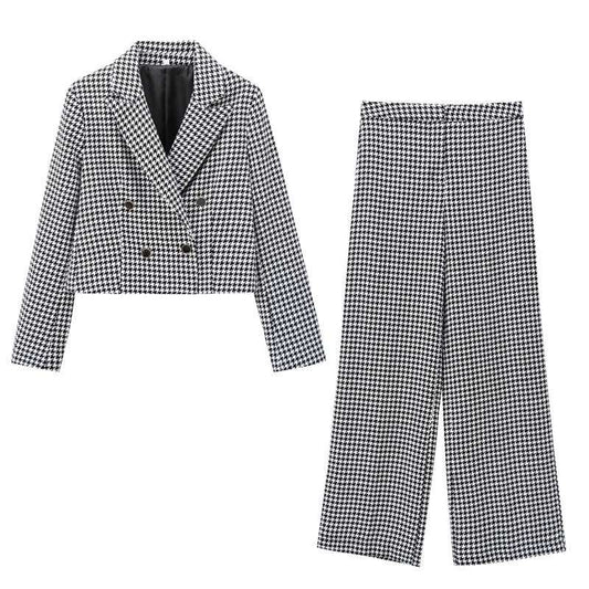 Female Qianniao grid short casual suit jacket wide leg pants