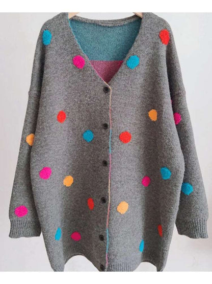 Colorful Polka Dot Knitted Cardigan Coat Women Single Breasted  Autumn Winter New Tide Loose Sweater Jacket