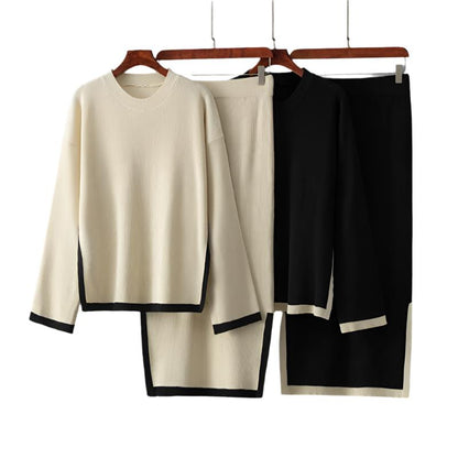 Autumn Warm Knitted Suits Loose Pullovers+Elastic Long Skirt Casual Home Wear Sweater Two Pieces Skirts Sets