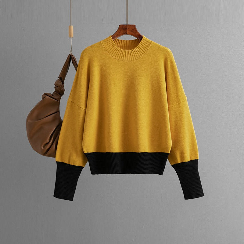 Women's knitted sweater round neck loose color blocked top sweater for women