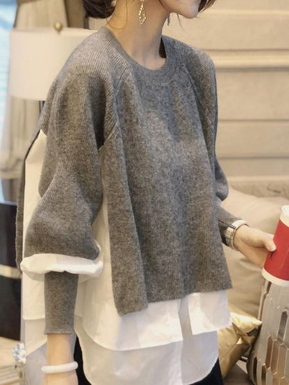 Shirt patchwork pullover sweater for women's autumn and winter vacation two-piece loose knit top, stylish lantern sleeves, versatile sweater