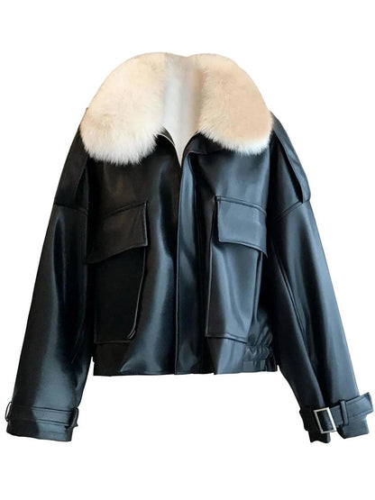 Winter Plush Thickened Leather Coat For Women Detachable Faux Fur Collar Outwears Warm JacketAutumn Winter New