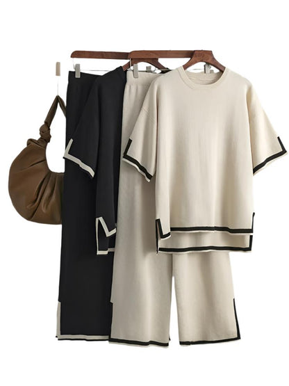 Minimalist Style Patchwork O-neck Short Sleeve Loose Sweater Casual Tops High Waist Pant 2 Piece Set