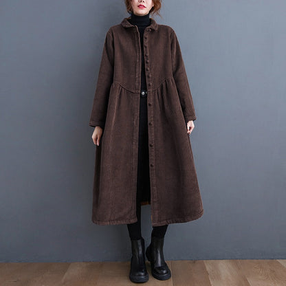 Autumn and winter new plush long sleeved retro artistic loose corduroy mid length casual coat for women