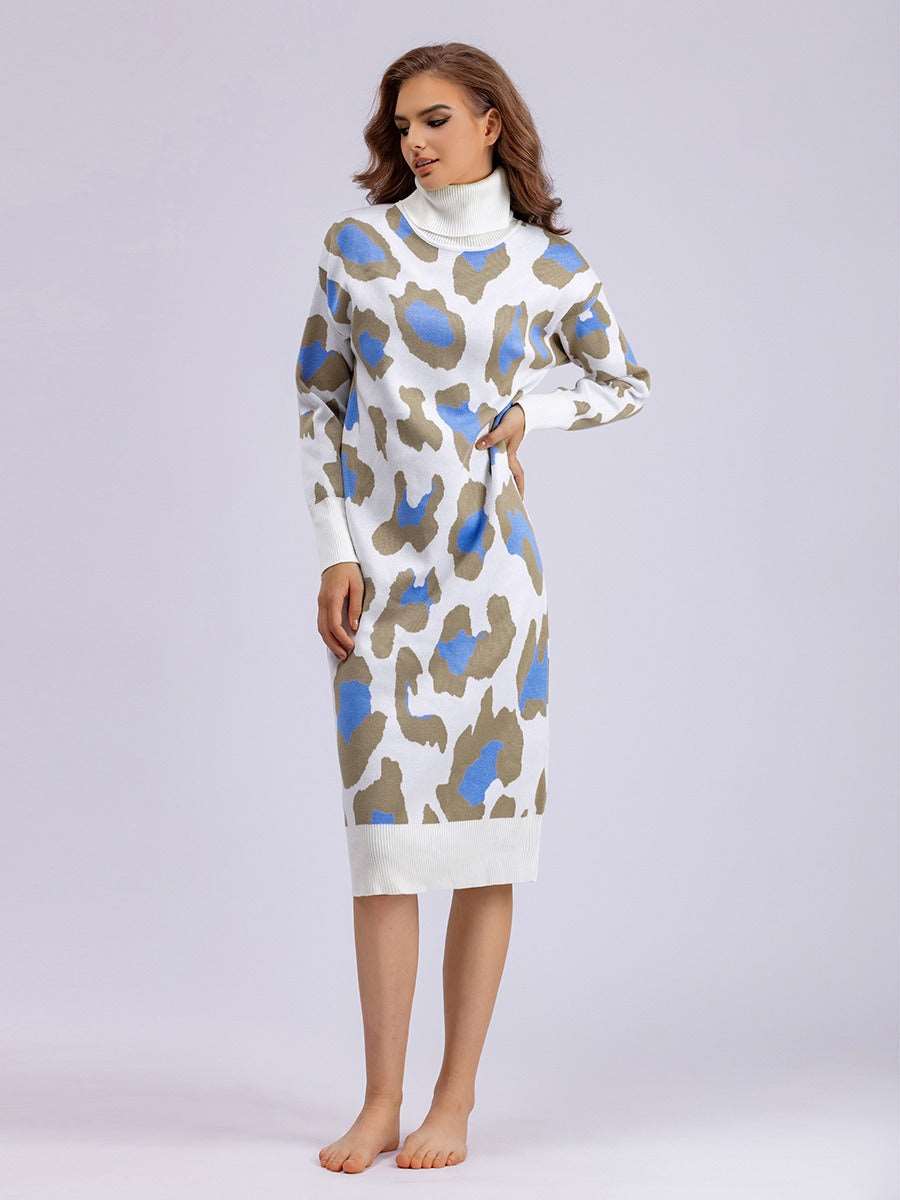 Leopard Jacquard Thick Autumn Winter Straight Sweaters Dress