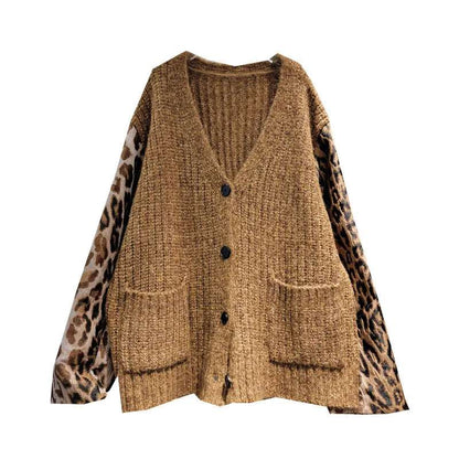 Leopard Print Long Sleeves Cardigan Coat For Women Streetwear Big Size Pocket Sweater Jacket Autumn Winter New