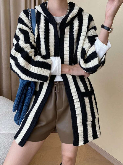 Casual Knitted Striped Cardigan For Women Hooded Contrast Color Loose Coat Fashion Winter New Clothing