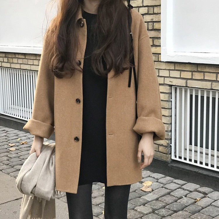 Small camel colored cashmere coat for women's spring and autumn new loose woolen coat, medium length coat