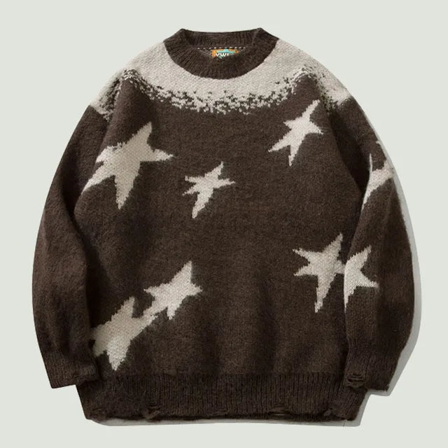 Star Graphic Patchwork Knitted Sweaters Mens Hip Hop Harajuku Oversized Casual O-Neck Y2K Pullover Couples Streetwear