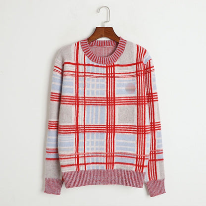 UFO embroidered plaid mohair sweater for women with contrasting round neck knit