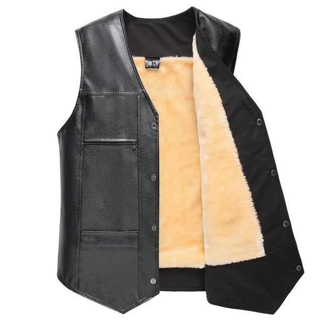 Black Men PU Leather Fleece Vest Large Size Autumn Winter Middle-aged Fashion Men's Loaded Fleece Vest Coat