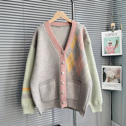 Rhomboid Plaid Big Size Knitted Sweater Cardigan Single Breasted Coat Women  Autumn Winter