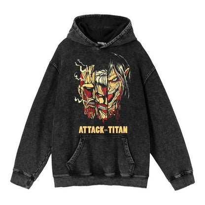 Hoodie's New Attack on Giant Anime Surrounding Print Trendy Brand Water Wash Retro Hooded Hoodie for Men