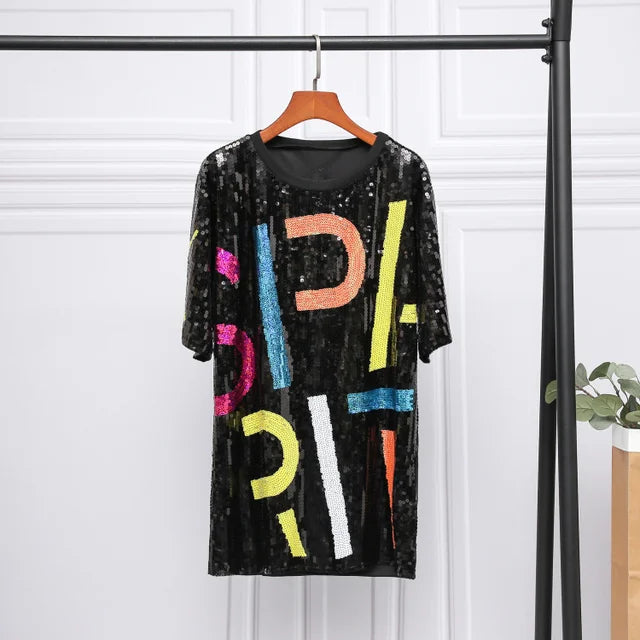 New Sequins Female Sequin Streetwear Clothing Short-Sleeved Round Neck Fashion Loose T-Shirt