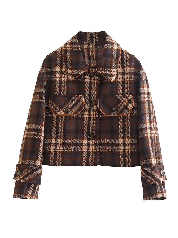 Vintage Plaid Winter Coat Women Retro Style Pockets Short Jacket Female Fashion Warm Street Outerwear