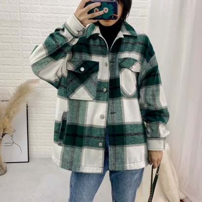 Stylish Sweet Plaid Woolen Shirt Jackets Women Fashion Pockets Turn-down Collar Check Jacket Cute Girls Chic Coat Streetwear