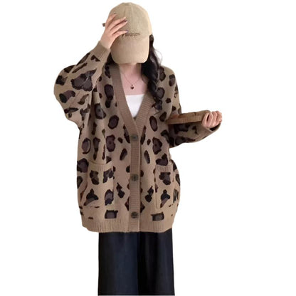 Korean version lazy style mid length leopard print cardigan women's coat