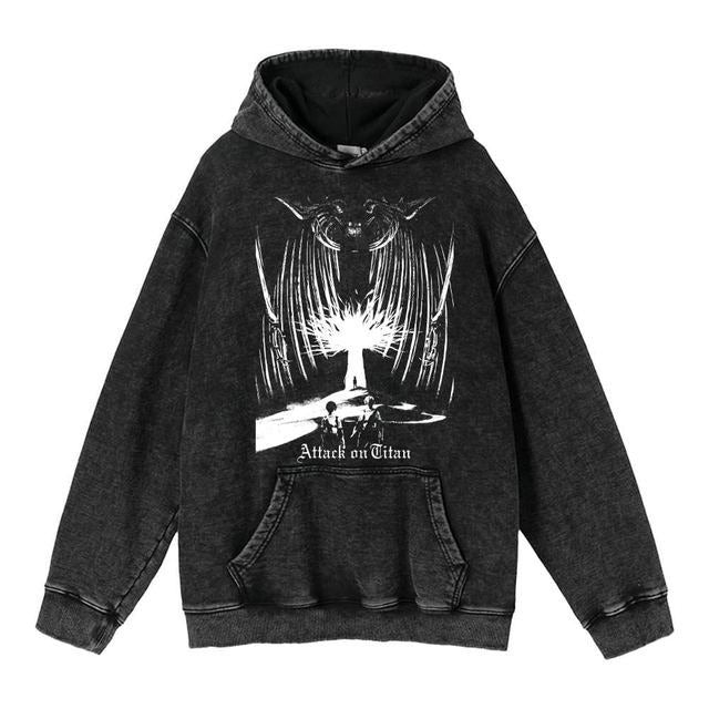 Hoodie's New Attack on Giant Anime Surrounding Print Trendy Brand Water Wash Retro Hooded Hoodie for Men