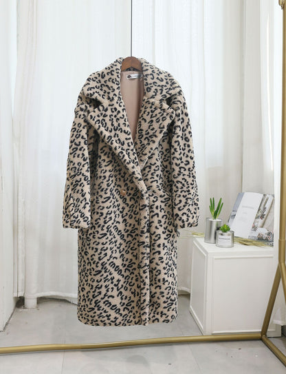 Winter Leopard Print Lapel Collar Long Fleece Jacket Women Oversized Pink Faux Fur Coat Thick Warm Teddy Jacket