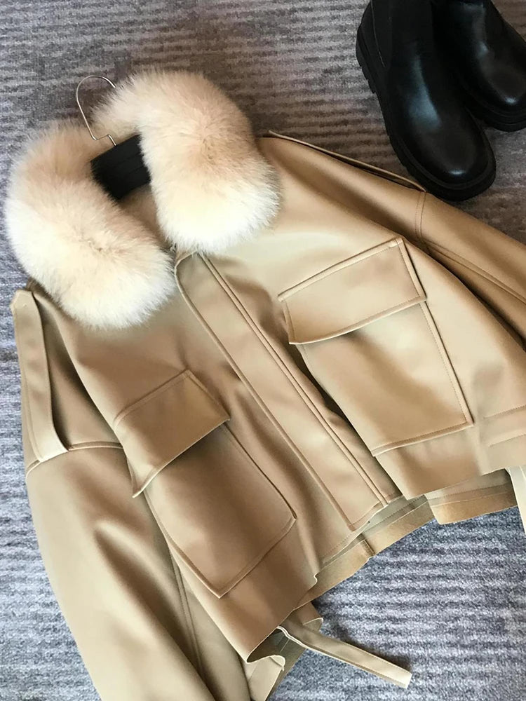 Winter Plush Thickened Leather Coat For Women Detachable Faux Fur Collar Outwears Warm JacketAutumn Winter New