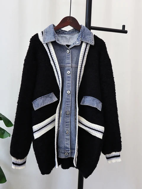 Vintage Denim Patchwork Contrast Cardigan Coat Women Long Sleeve Loose Sweater Jacket Autumn Winter New Tide