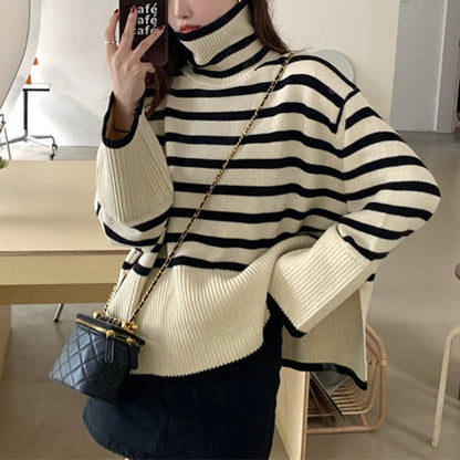 OverSized stripe Winter Women Sweater Fashion Loose Casual Turtleneck Autumn Pullover Sweater Female Jumper