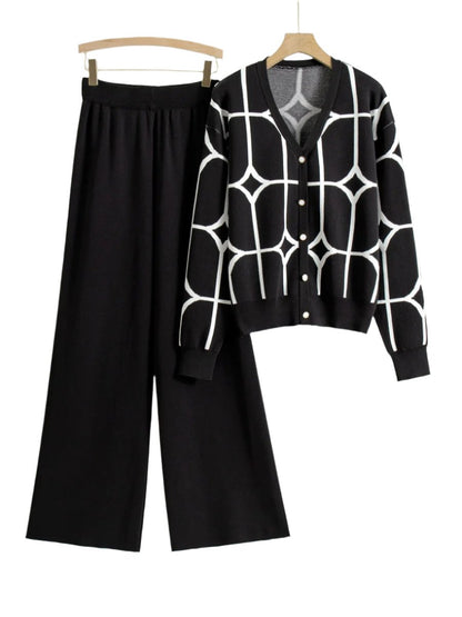 Fashion Knitted Set Women's Jacquard V-neck Cardigan Wide Leg Pants Two Piece Set