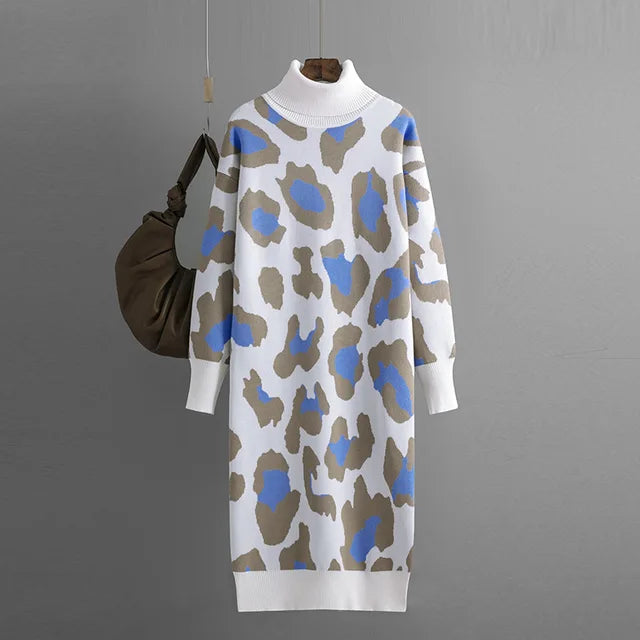 Women Dress  Autumn Turtleneck Leopard Print Loose Casual Long Knitted Dress All Match Bottoming Dresses Winter