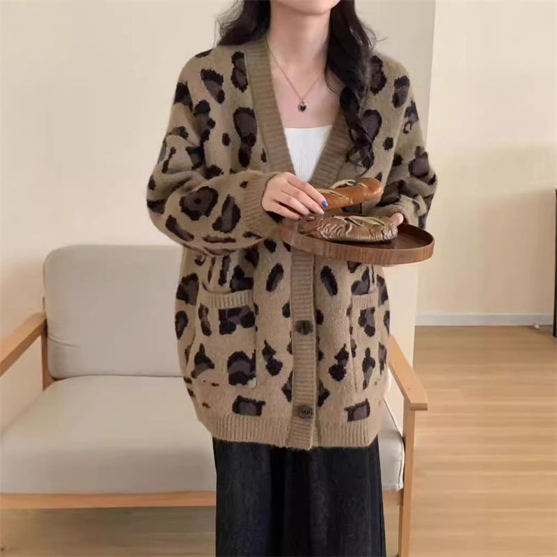 Korean version lazy style mid length leopard print cardigan women's coat