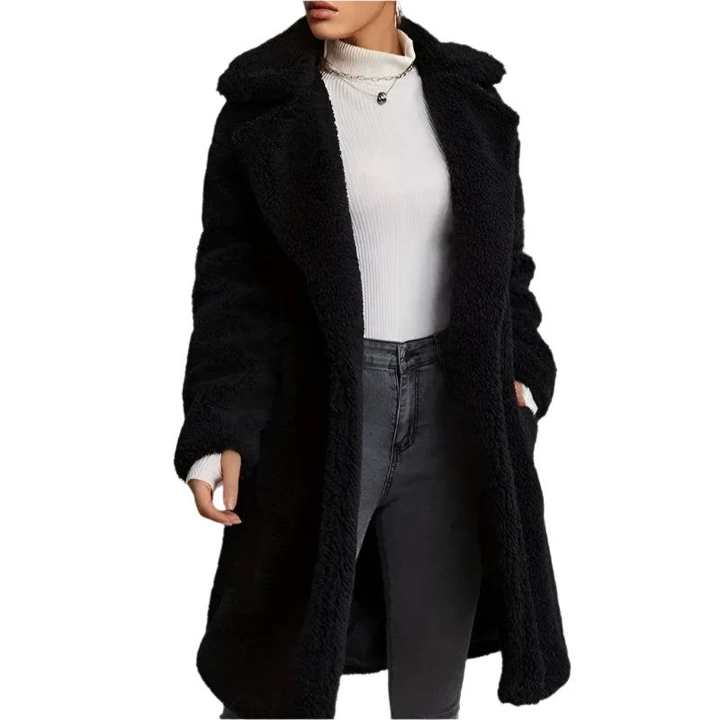 Elegant Lapel Plush Jacket for Women Chic Versatile Warm Solid Color Coat Durable Jackets with Slant Pockets for Fall/Winter