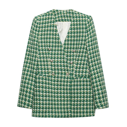 Women's Spring Retro V Neck Pocket Office Blazer Fashionable Green Plaid Textured Double Breasted Women's Blazer Chic Top