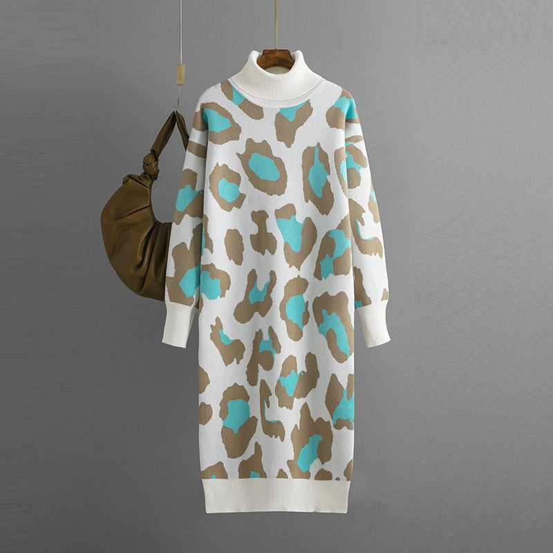 Leopard Jacquard Thick Autumn Winter Straight Sweaters Dress