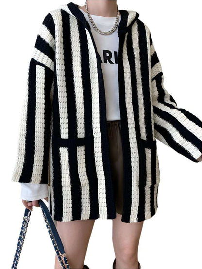 Casual Knitted Striped Cardigan For Women Hooded Contrast Color Loose Coat Fashion Winter New Clothing