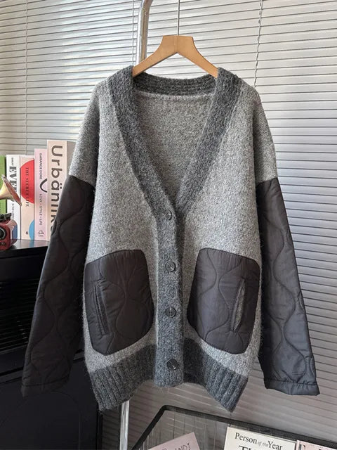 Women V-neck Single Breasted Patchwork Cotton Padded Coat Knitted Cardigan Sweater Thick Warm Autumn Winter