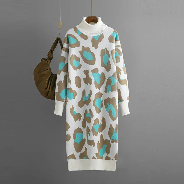 Women Dress  Autumn Turtleneck Leopard Print Loose Casual Long Knitted Dress All Match Bottoming Dresses Winter