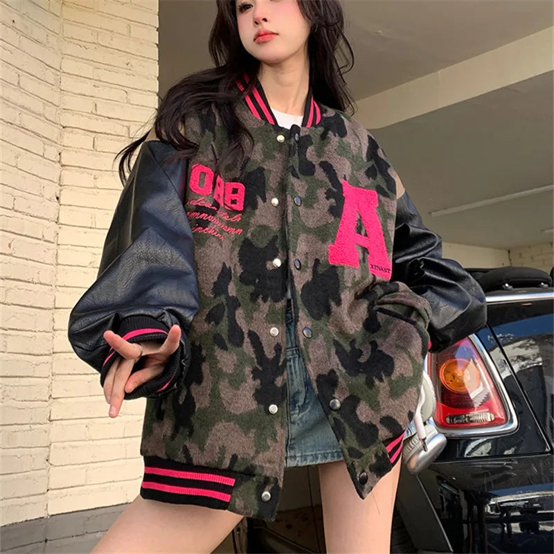 Streetwear Women Bomber Jacket Letter Embroidery Fashion Camouflage Jackets Coat PU Leather Spliced Loose Harajuku Jacket Female