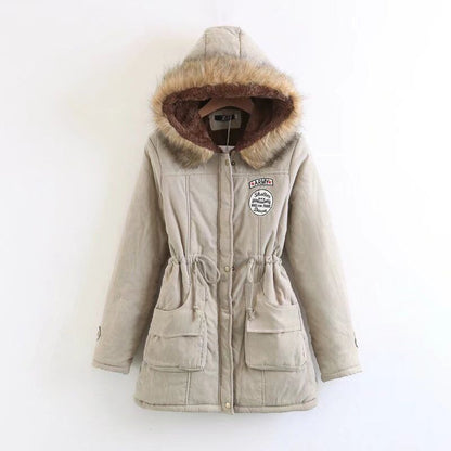 Women's military badge peach skin velvet hooded collar with waistband, plush and thick insulation, medium length cotton jacket