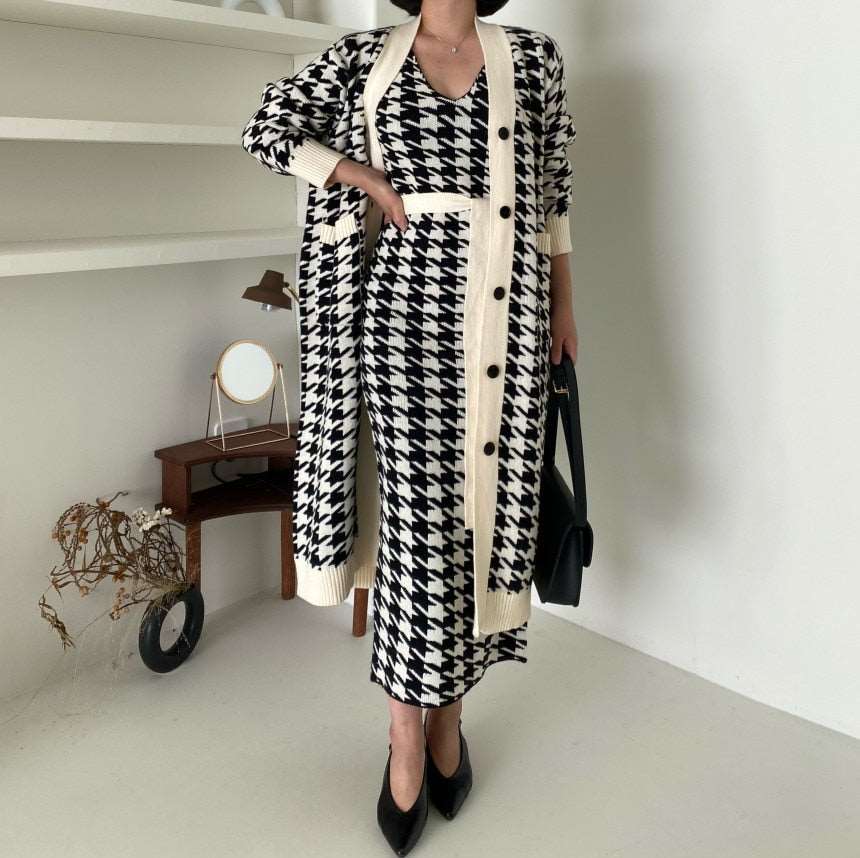 Korean Sweater Set Fashion Vintage Style V-Neck Long Knitted Sweater Coat + Houndstooth Vest Dress Female Two-Piece Suit