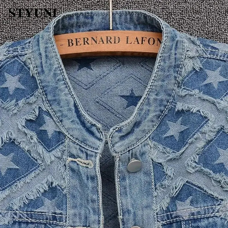 Plaid Blue Denim Cotton High Street Long Sleeve Women's Jacket Single Breasted O-Neck Korean Fashion Short Coat Autumn