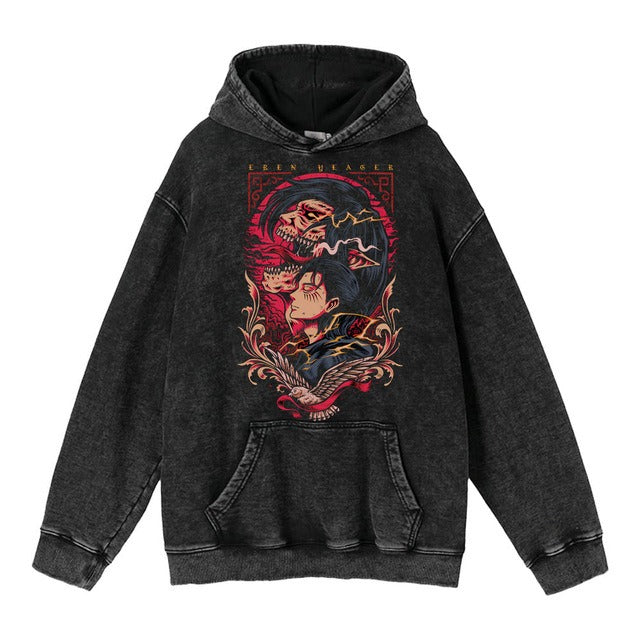 Hoodie's New Attack on Giant Anime Surrounding Print Trendy Brand Water Wash Retro Hooded Hoodie for Men