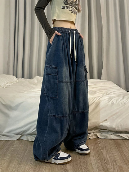 Vintage Blue Cargo Jeans Women Oversized  Denim Pants Hip Hop Streetwear Retro Wide Leg Trousers